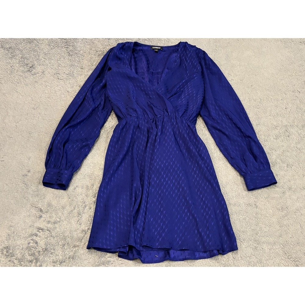 Express Dress Womens Medium Blue Long Sleeve Faux Wrap Midi Satin Patterned